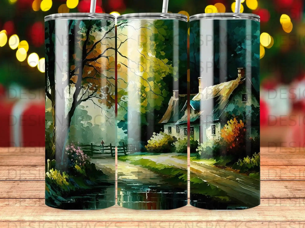 Impressionistic painting of a rustic cottage with a fence and stream in a wooded area.