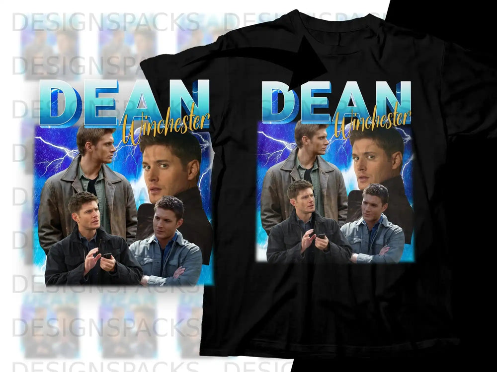 Dean Winchester collage graphic on a black t-shirt.
