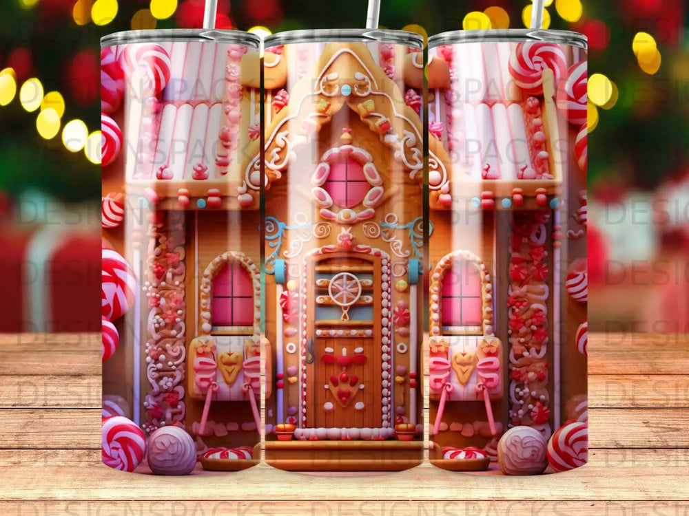 Gingerbread house tumbler with candy cane and frosting details.