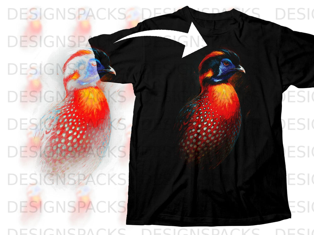 Black t-shirt with a detailed print of a colorful bird with red, blue, and yellow feathers.