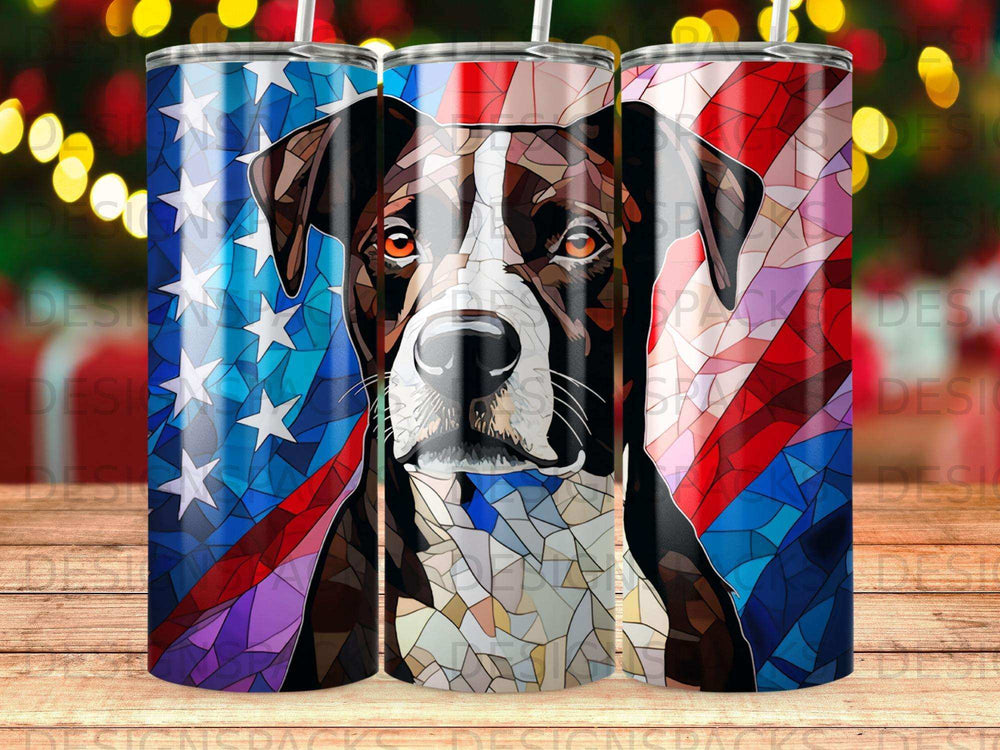 Dog portrait with American flag pattern on a tumbler.