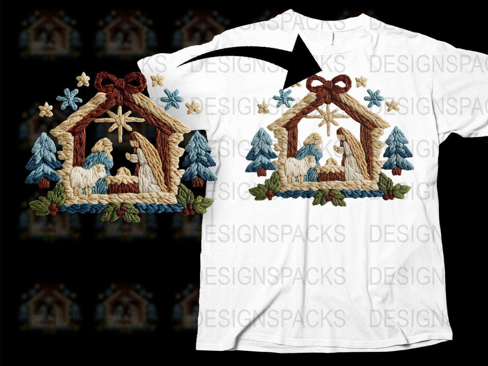Handmade Christmas Nativity Scene T-Shirt, Religious Holiday Apparel, Embroidered Design, Unisex Heavy Cotton Tee, Festive Clothing