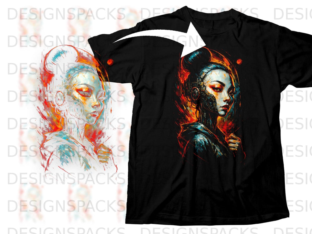 Cyberpunk woman with glowing eyes on a black t-shirt.