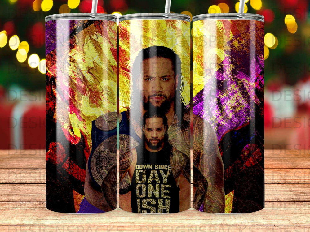 Roman Reigns "Day One Ish" wrestling tumbler with colorful background.