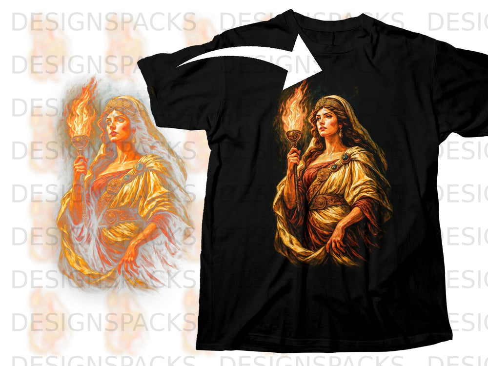 Black t-shirt with a design of a woman holding a torch.