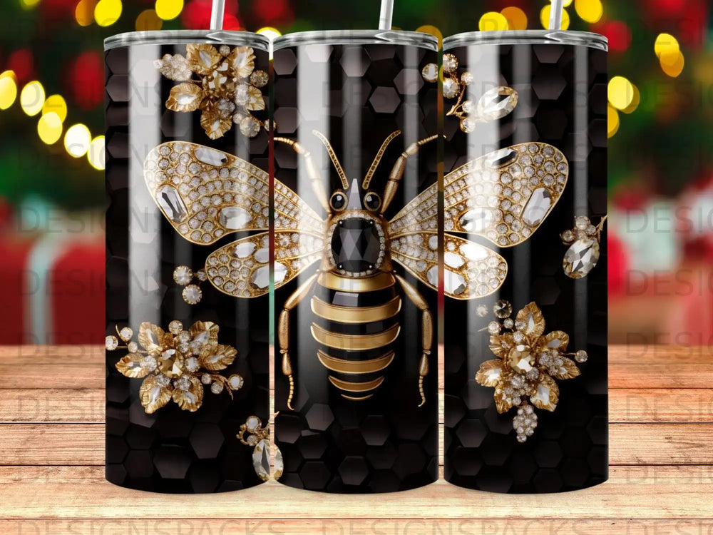 Gold and diamond bee with floral accents on a black honeycomb background.