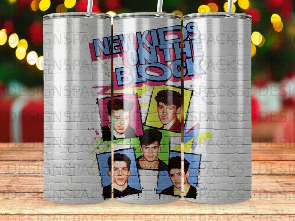 New Kids on the Block collage of five band members in colorful frames.