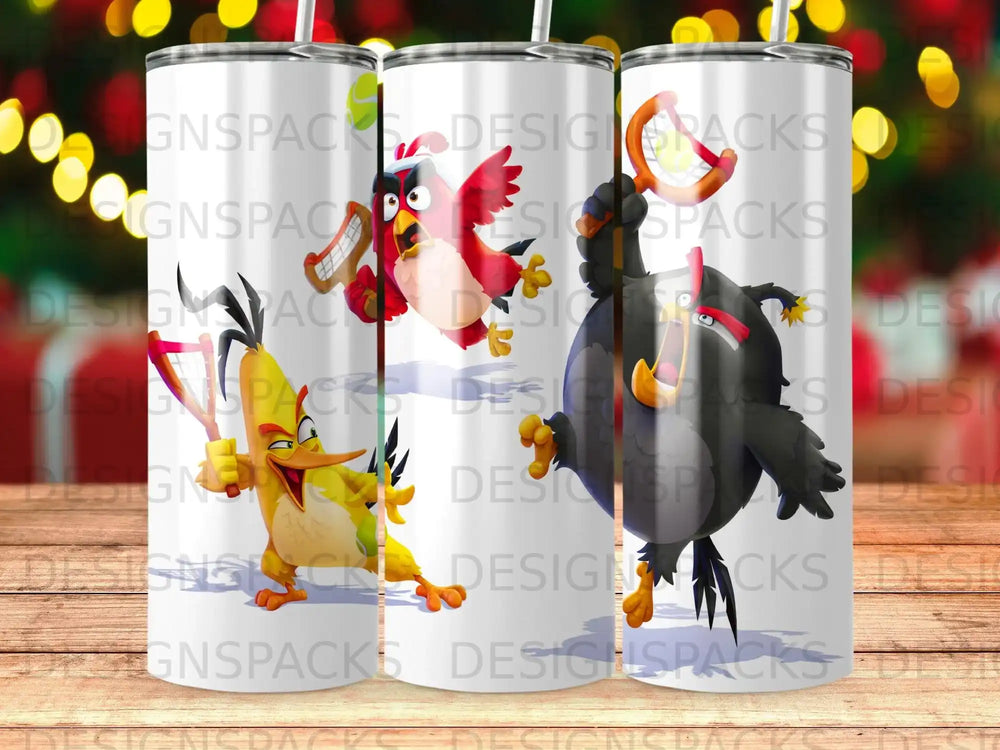 Angry Birds characters playing tennis with rackets and balls.