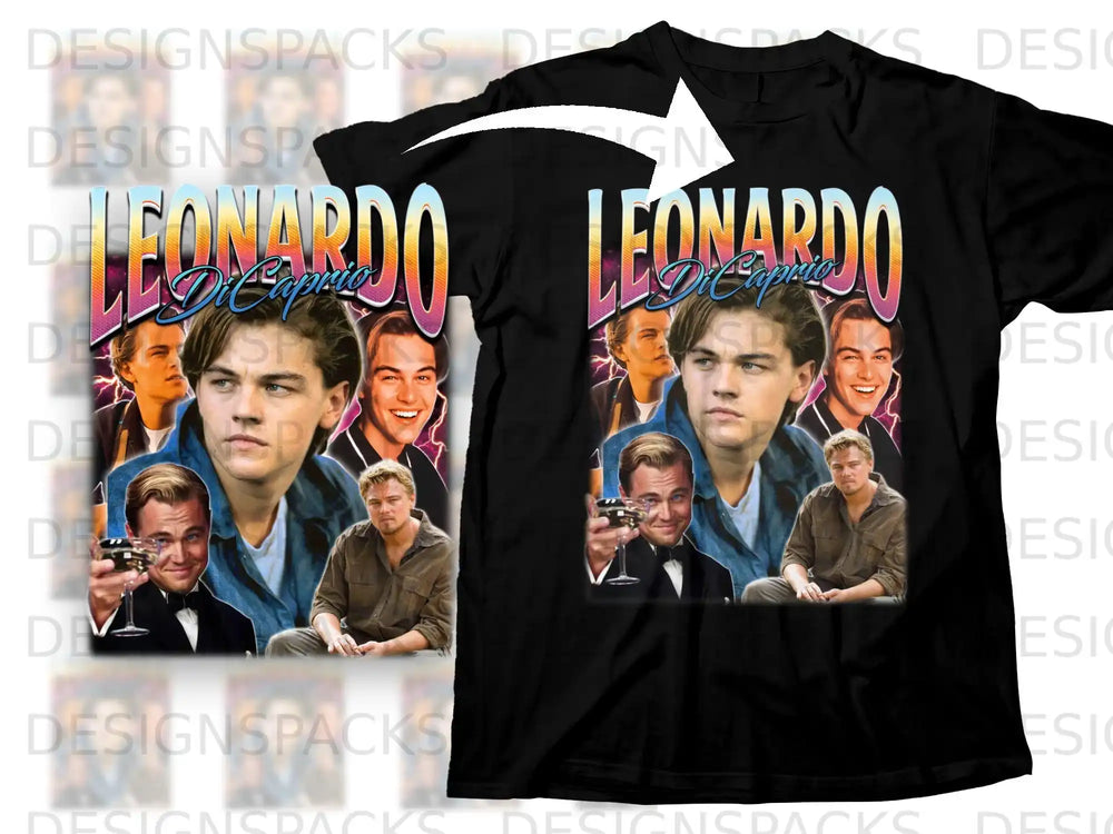 Black t-shirt with a collage of Leonardo DiCaprio images and text.