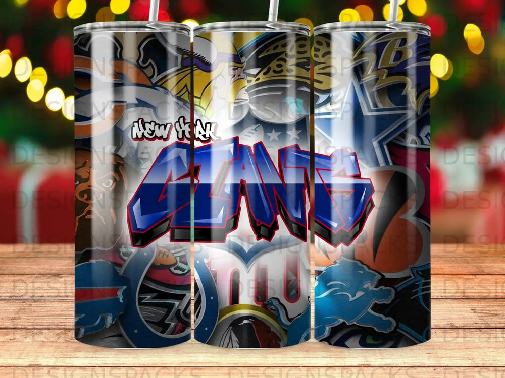 Graffiti style "GANT" text on a tumbler with sports team logos.