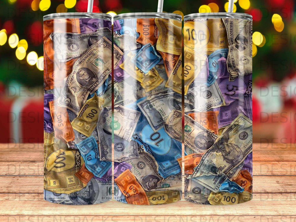 Tumbler with Monopoly money design, showing US dollar bills and Monopoly money.