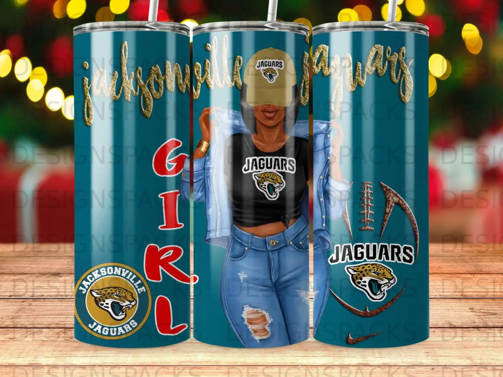 Jacksonville Jaguars fan with denim and leather, holding a cup.