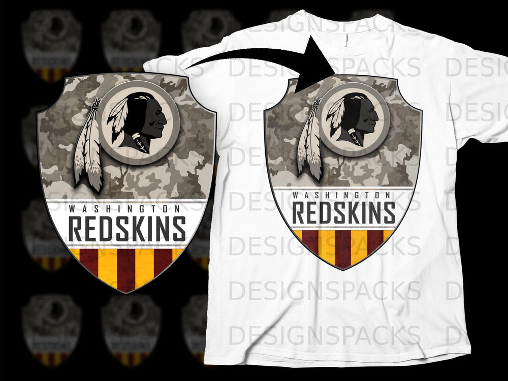 Washington Redskins logo on a white t-shirt with camouflage background overlay.