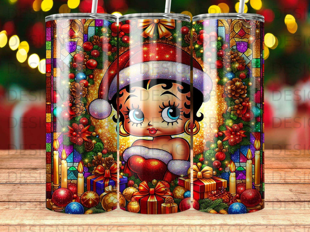 Betty Boop tumbler with Christmas ornaments, candles, and stained glass background.