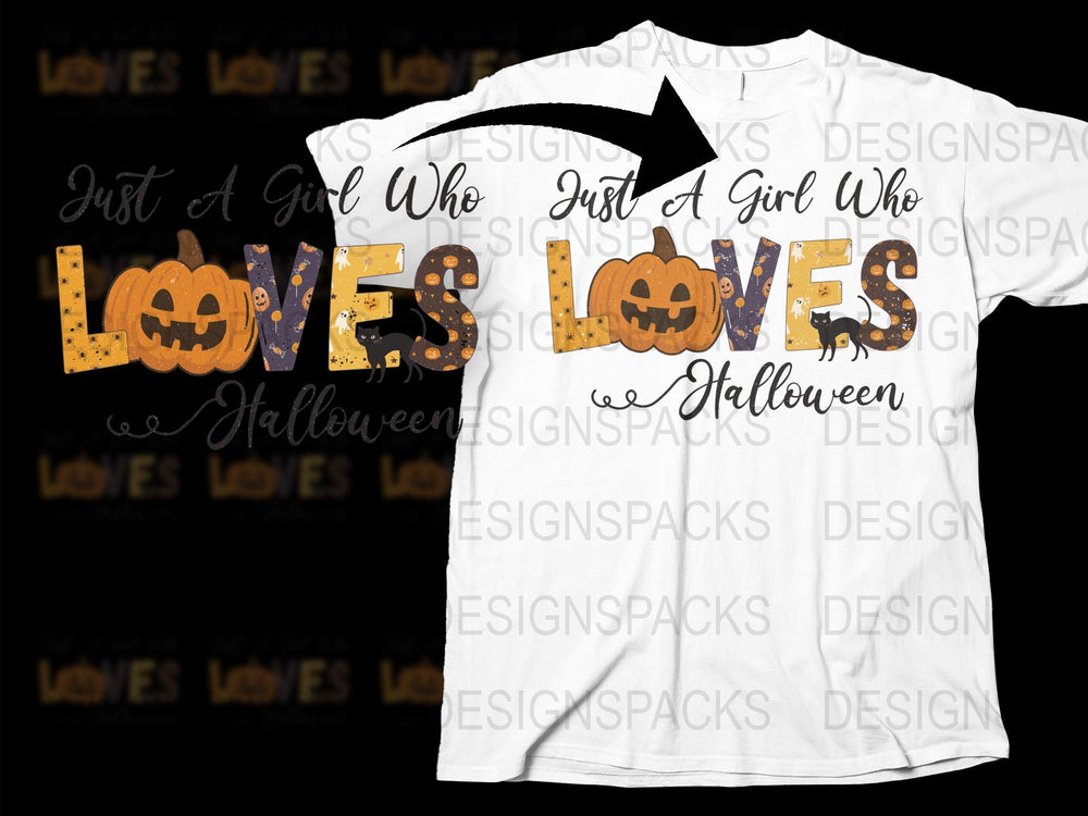 Just a Girl Who Loves Halloween T-Shirt, Pumpkin Cat Holiday Tee, Women's Fall Fashion Top