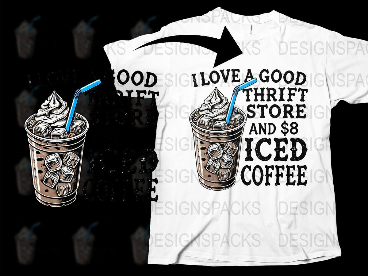 Iced Coffee and Thrift Store Lover T-Shirt, Funny Quote Graphic Tee, Unisex White Shirt