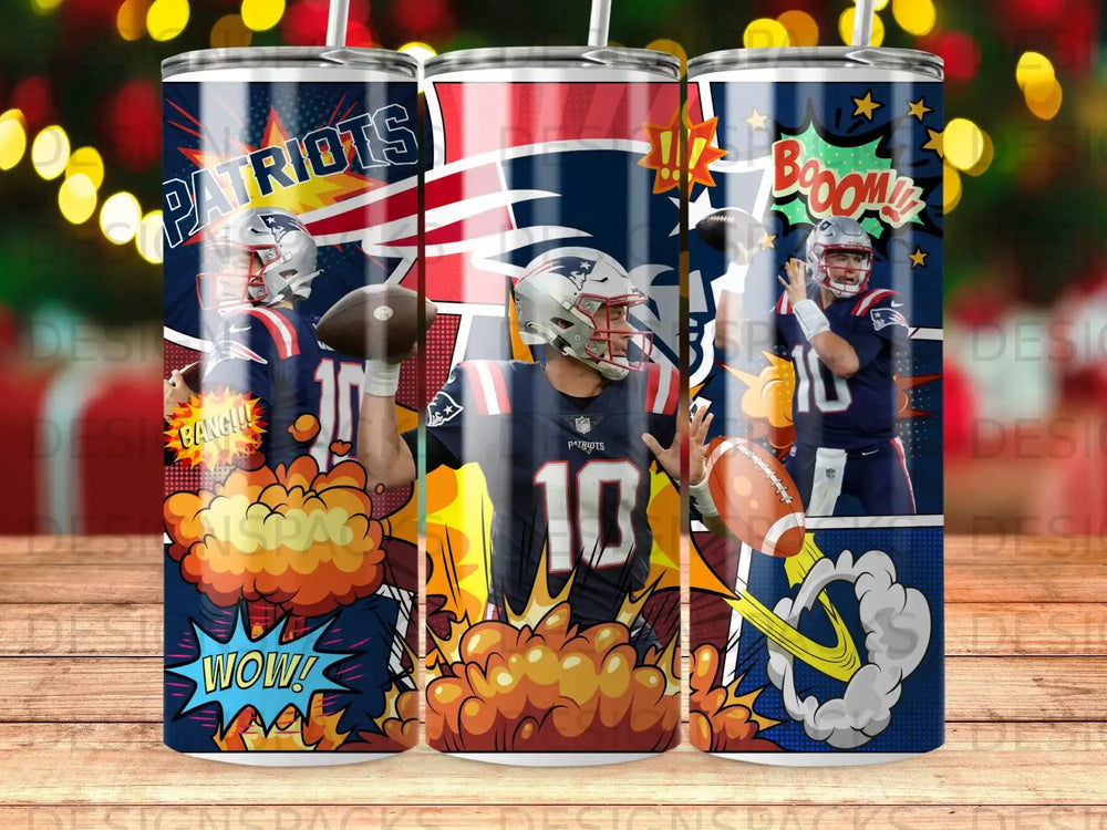New England Patriots quarterback throwing football with comic book style explosion graphics.