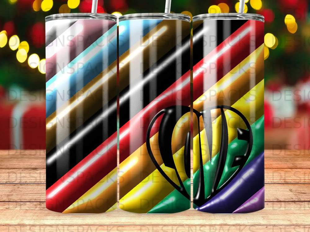 Three tumblers with diagonal stripes in rainbow colors and a black and green graphic.