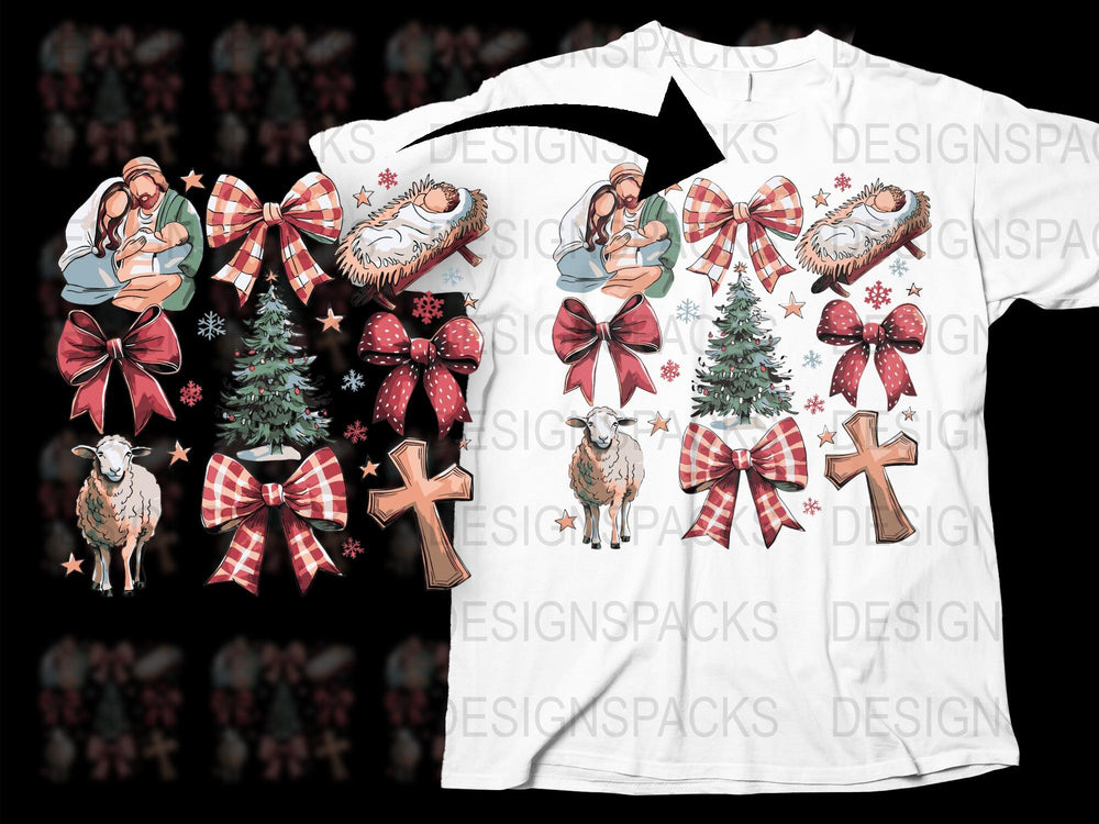 Christmas T-Shirt Religious Nativity Scene Jesus Mary Joseph Sheep Cross Trees
