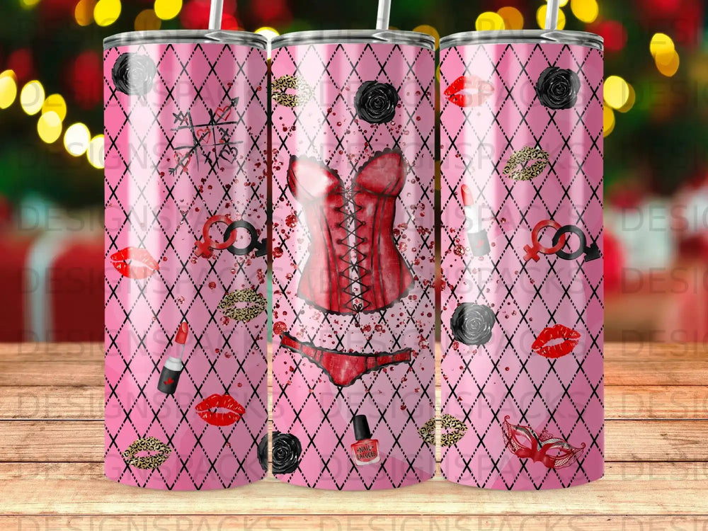 Red corset and matching lingerie on a pink diamond pattern with lip and rose accents.