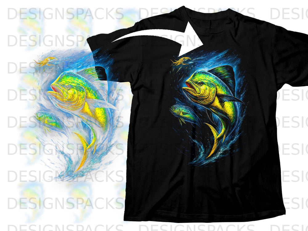 Black t-shirt with a vibrant graphic of a dorado fish leaping from water.