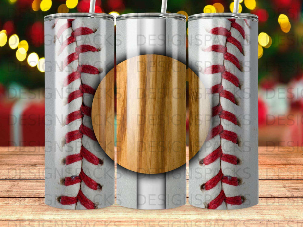 White tumbler with baseball stitching and wood grain detail.