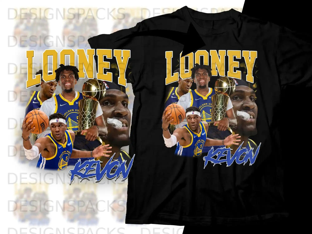 Klay Thompson in Golden State Warriors uniform holding trophy, with "LOONEY" and "KAVON" text.