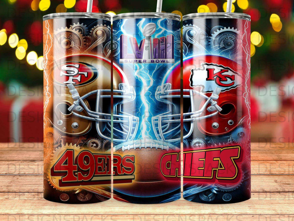 Super Bowl LIV 49ers vs. Chiefs football helmets and logo.