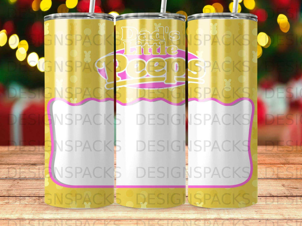 Child's Peeps character on a yellow and pink patterned tumbler.