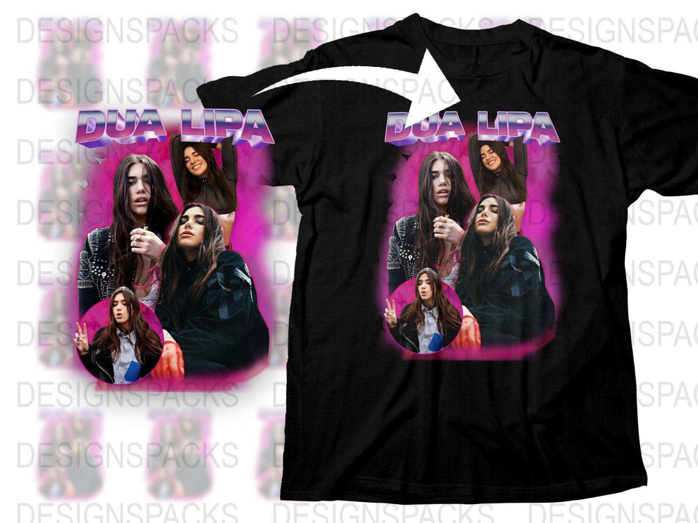 Dua Lipa Graphic T-Shirt, Pop Star Music Artist Inspired Tee, Multiple Poses, Vibrant Pink and Black Design, Unisex Fashion Top