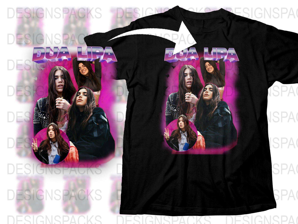 Dua Lipa Graphic T-Shirt, Pop Star Music Artist Inspired Tee, Multiple Poses, Vibrant Pink and Black Design, Unisex Fashion Top