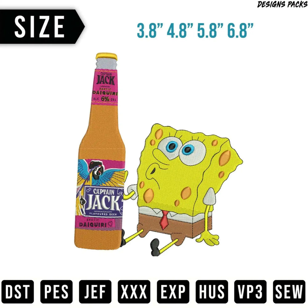 SpongeBob SquarePants next to a bottle of Captain Jack Daiquiri beer.
