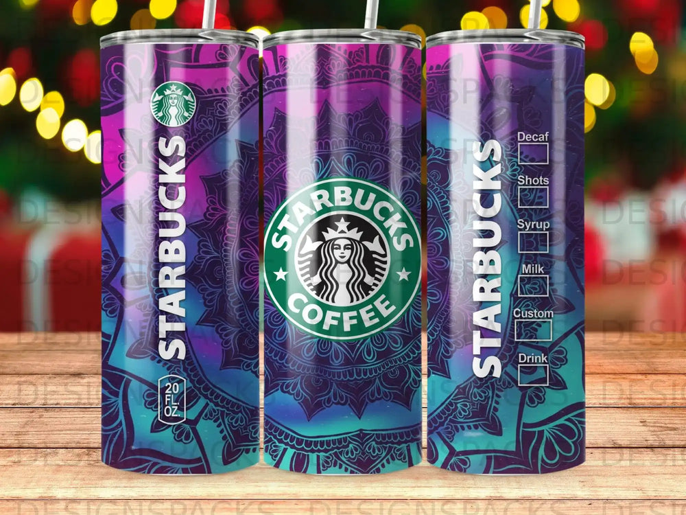 Starbucks coffee tumbler with mandala design, showcasing logo and drink options.