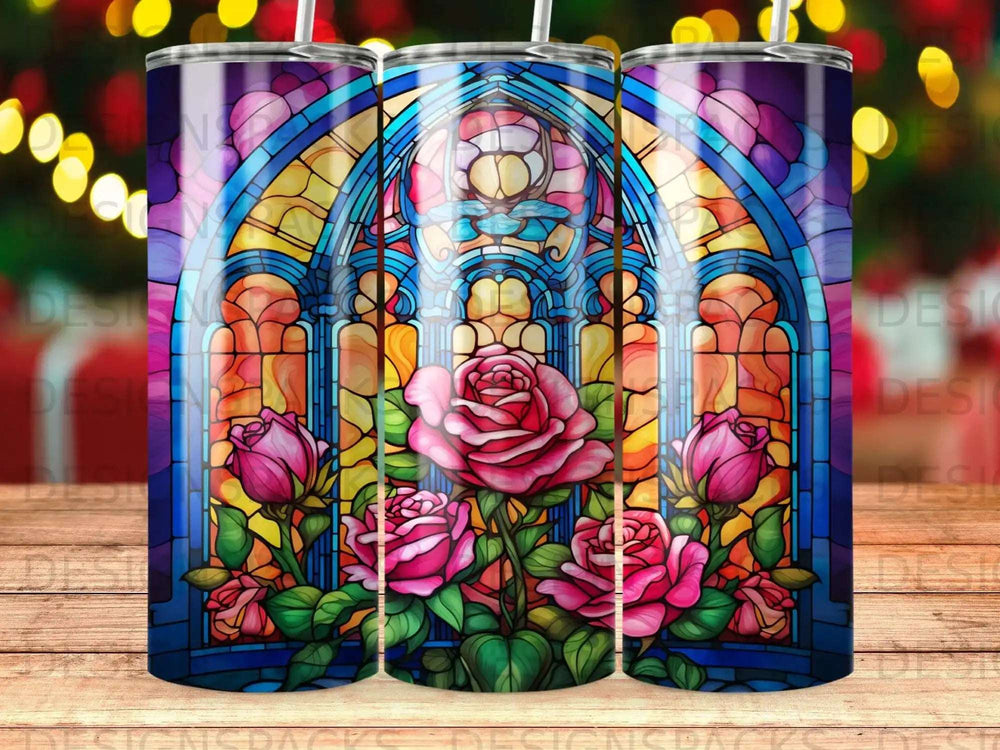 Stained glass window with pink roses and light, on a tumbler wrap.