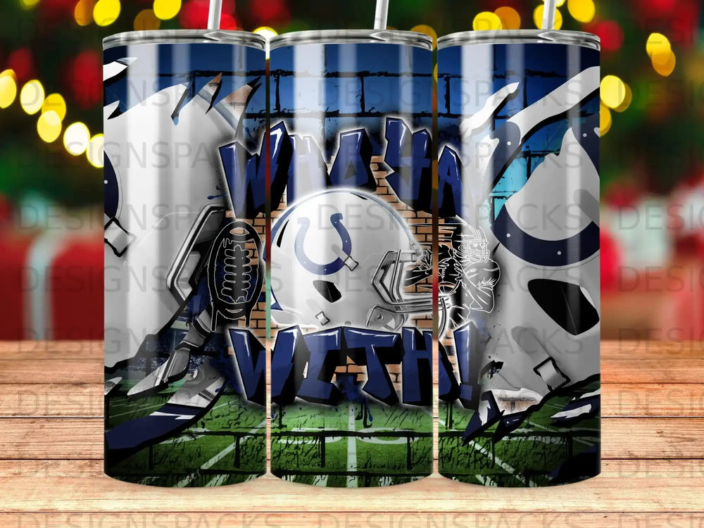 Indianapolis Colts helmet and football graphic on a blue and white striped tumbler.