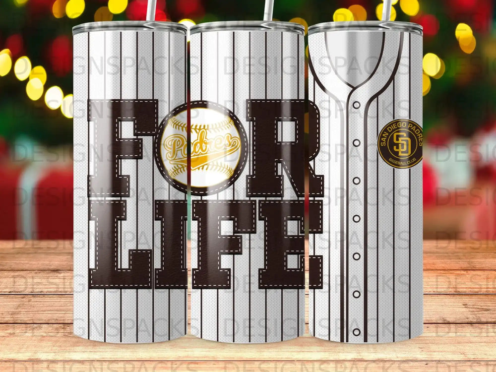 San Diego Padres "For Life" tumbler with baseball stitching and logo.