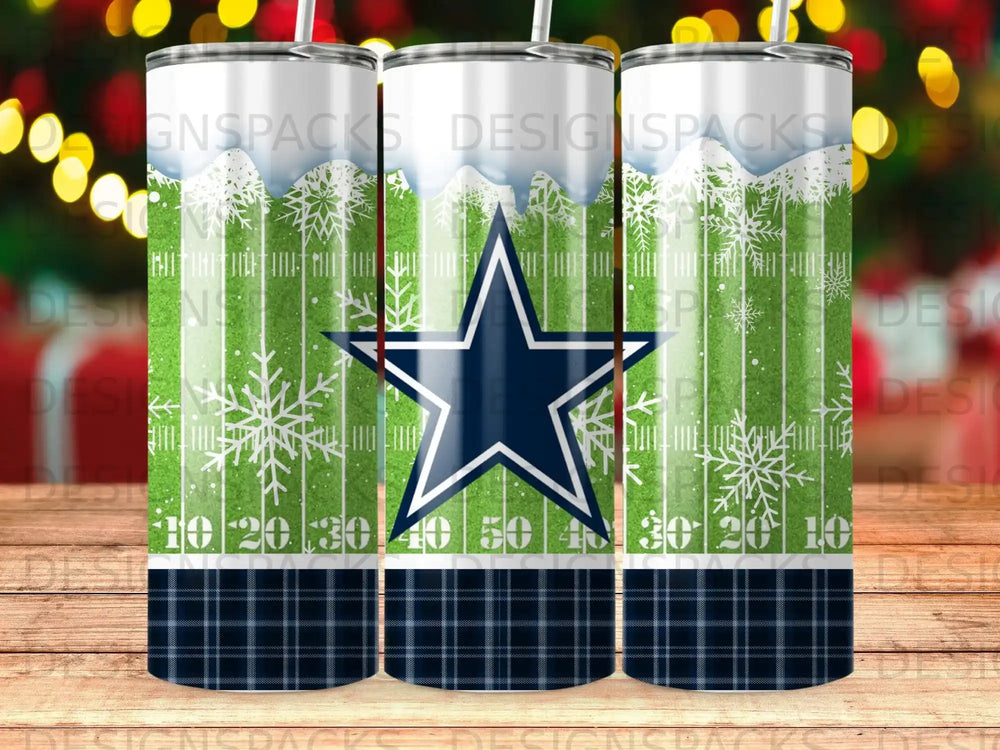 Dallas Cowboys star logo on frosted field with snowflakes and plaid base.