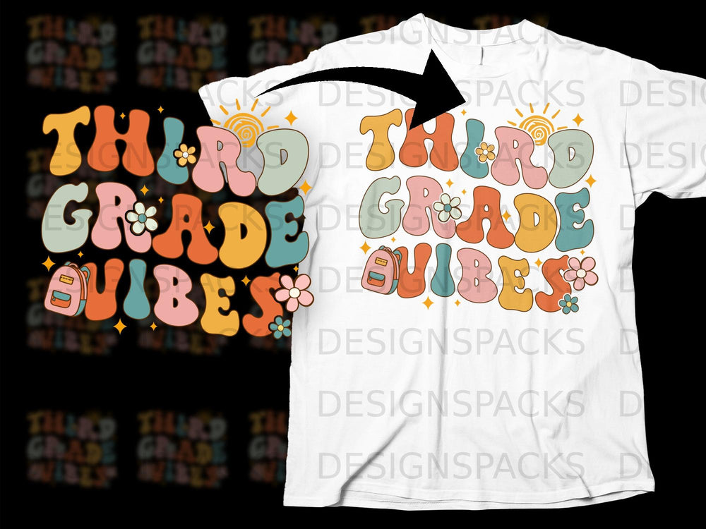 Retro groovy "Third Grade Vibes" text with sun and backpack graphics.