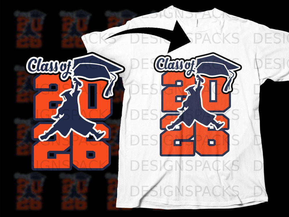 White t-shirt with "Class of 2026" graduation design in orange and navy.