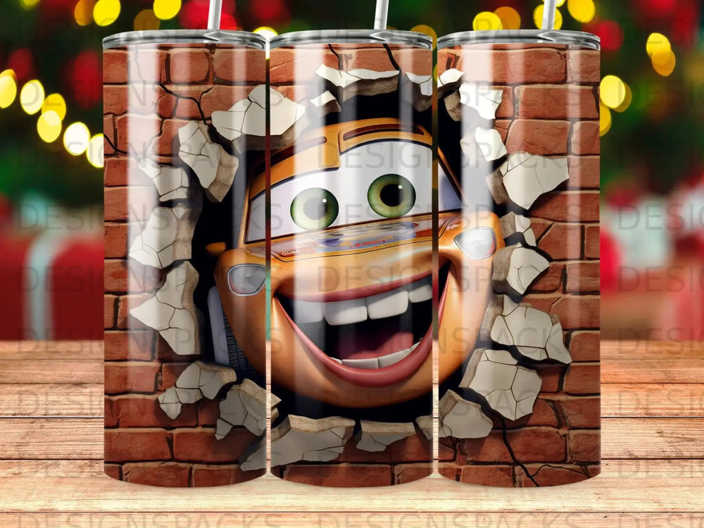 Lightning McQueen breaking through a brick wall.