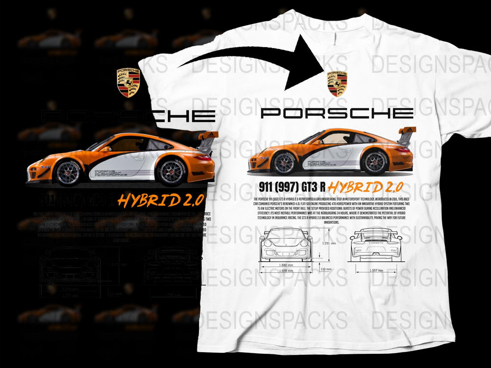 Porsche 911 GT3 Hybrid 2.0 Tee, Sports Car Enthusiast, Orange and White T-Shirt, Racing Apparel