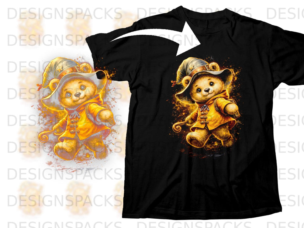 Black t-shirt with a graphic of a teddy bear wearing a wizard hat and yellow jacket.