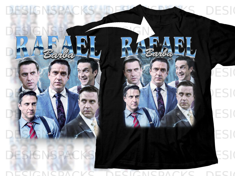 T-shirt graphic with "RAFAEL Barba" text and multiple portraits of men.