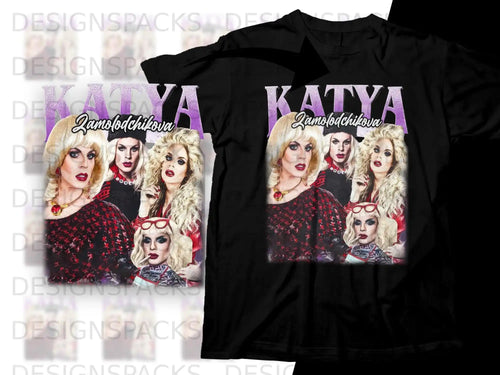 Black t-shirt featuring Katya Zamolodchikova's portrait with stylized text.
