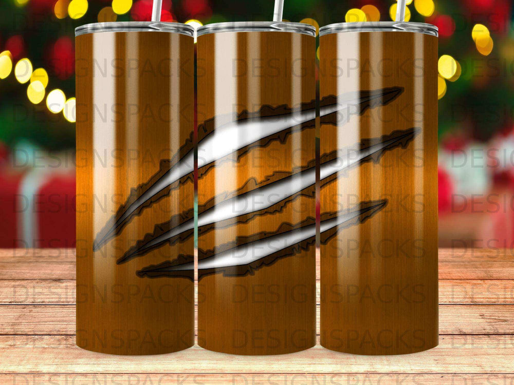 Three tumblers with a claw mark design on wood grain background.