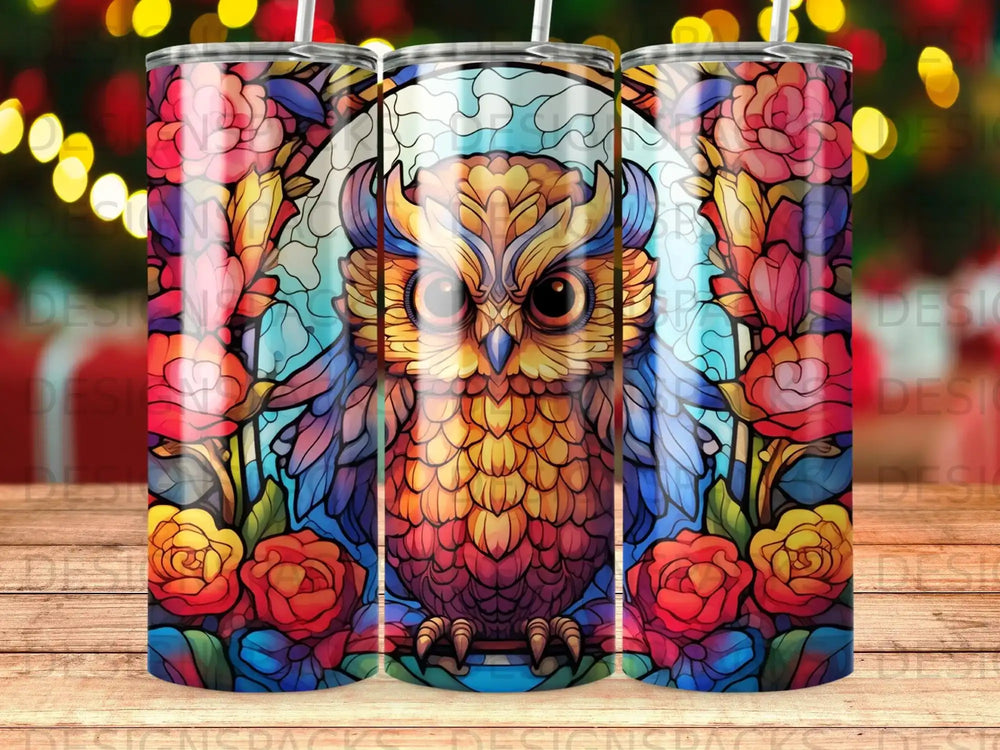 Stained glass owl with floral accents on a tumbler.