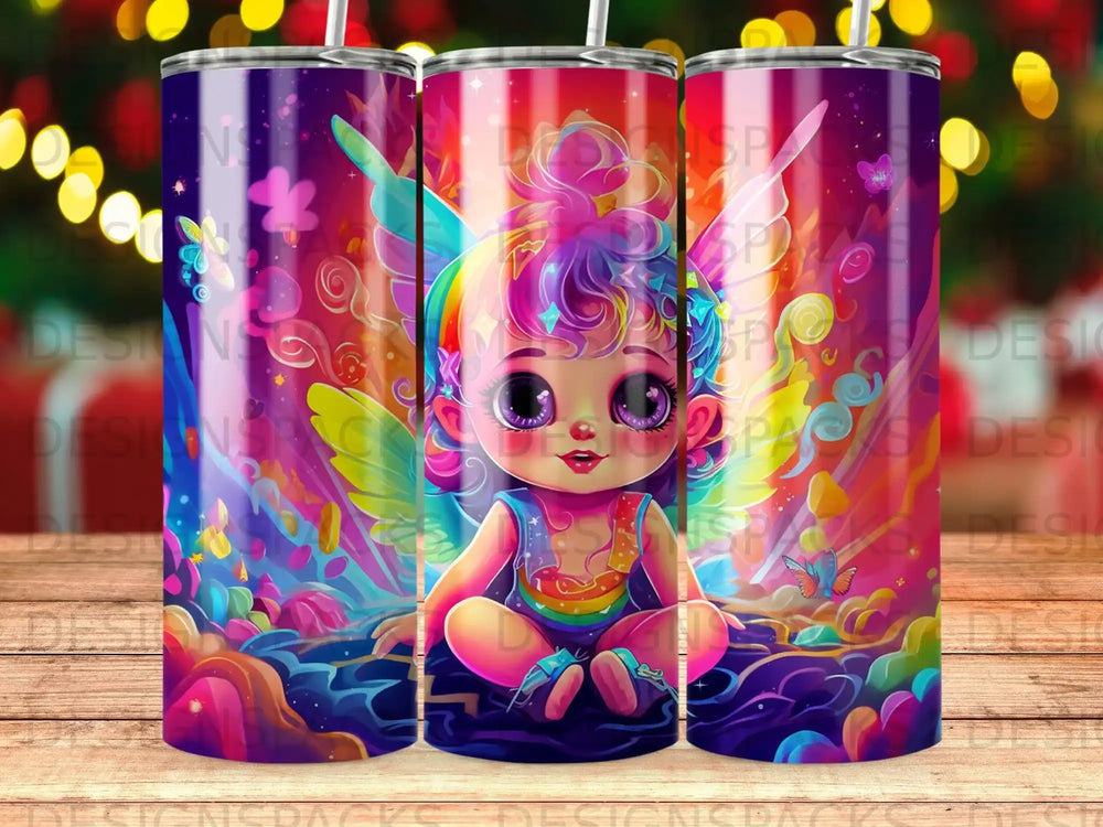 Colorful fairy girl with rainbow hair and butterfly wings on a patterned tumbler.