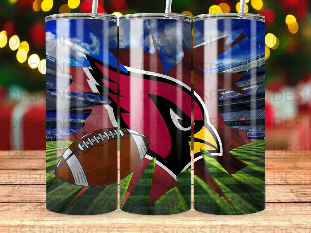 Arizona Cardinals football team logo on a tumbler with stadium background.