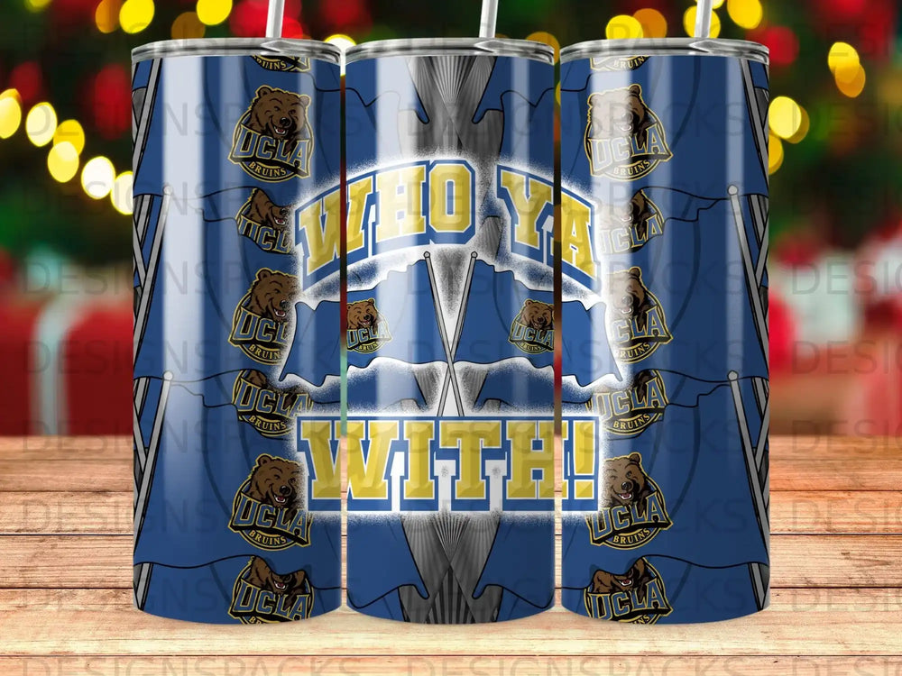UCLA Bruins text and logos on a blue patterned tumbler.