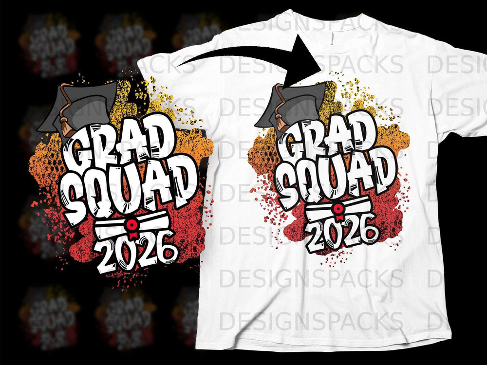 Grad Squad 2026 graphic with graduation cap and diploma on a white t-shirt.